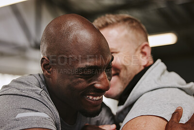Buy stock photo Gym, hug and personal trainer with man for fitness, goal and motivation, encouragement and happy on mockup. Coach, embrace and friends hugging in support of training, workout or performance progress 