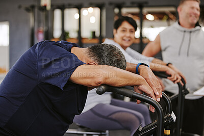 Buy stock photo Cardio, gym and tired senior man with energy, break and lose weight challenge in fitness class or club. Community support, running health and fatigue of people exercise, workout and training together