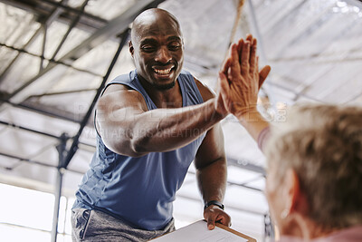 Buy stock photo Fitness, gym and man high five for senior support, personal trainer goals and exercise progress. Workout, success and elderly person with black man for achievement and hands together sign in training