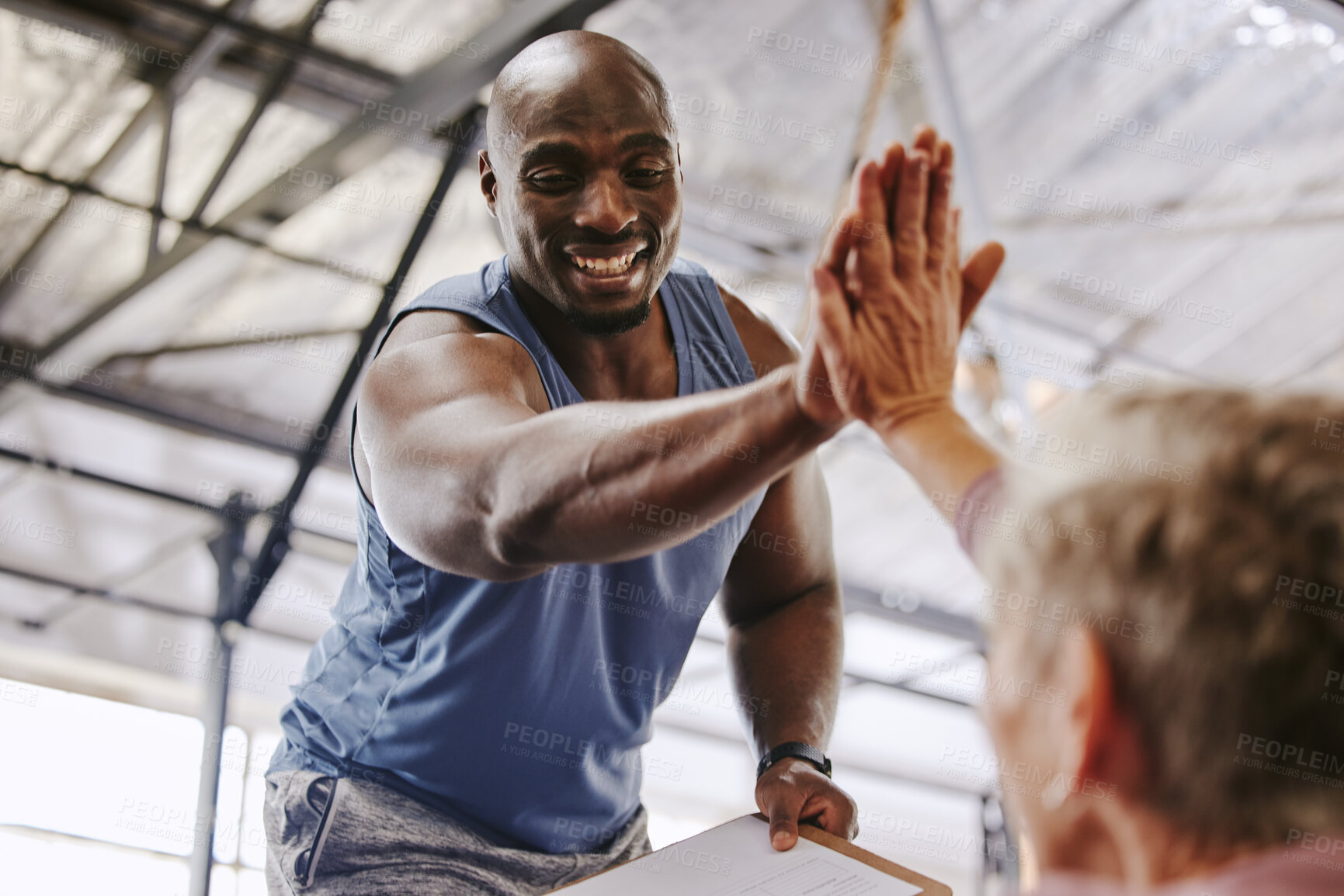 Buy stock photo Fitness, gym and man high five for senior support, personal trainer goals and exercise progress. Workout, success and elderly person with black man for achievement and hands together sign in training