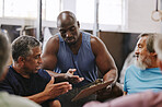 Fitness, gym checklist and black man talking to senior clients for training progress, coaching advice or membership paper. Personal trainer with workout or exercise schedule, wellness and sports club