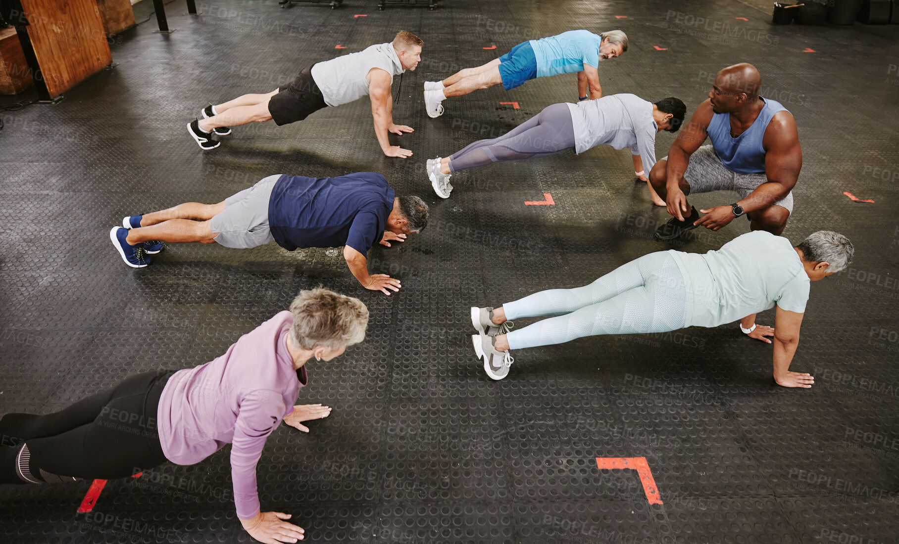 Buy stock photo People, fitness and stretching in class with personal trainer at gym for workout, exercise or training. Diverse group in warm up plank session with coach for healthy exercising or strong core muscles