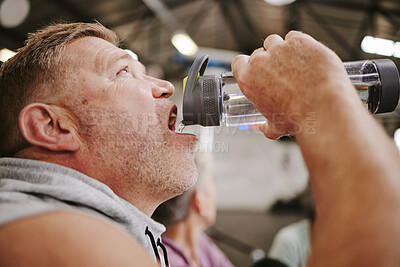 Buy stock photo Exercise, man and drinking water in gym, wellness and after training for goal, workout and fitness. Male, athlete and bottle for aqua, liquid and energy for practice, cardio and power with hydration