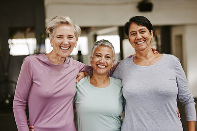 Buy stock photo Elderly woman, exercise group and portrait with hug, smile and support for wellness goal. Senior women, team building and happiness at gym for friends, solidarity or diversity for teamwork motivation