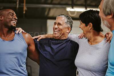 Buy stock photo Senior people, fitness group and support for training, workout and exercise community or club in gym. Laugh, black people and elderly diversity friends with sports wellness hug together for teamwork