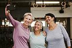 Selfie, friends and senior women in gym taking pictures for happy memory together. Sports, laughing and group of retired females taking photo for social media post after workout, training or exercise