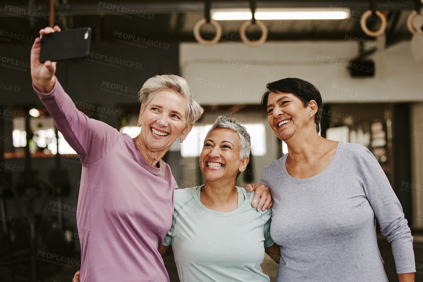 Buy stock photo Selfie, friends and senior women in gym taking pictures for happy memory together. Sports, laughing and group of retired females taking photo for social media post after workout, training or exercise