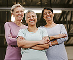Senior woman, exercise group and portrait with arms crossed, smile and support for wellness goal. Elderly women, team building and happiness at gym for friends, solidarity or diversity for motivation