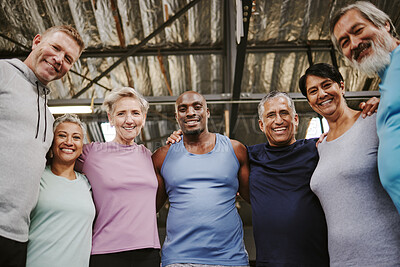 Senior people, fitness portrait and group support for training, workout or exercise community or gym club. Personal trainer and elderly, diversity circle in sports wellness, hug together for teamwork