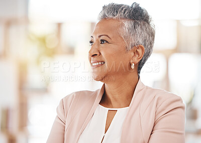 Buy stock photo Senior business woman, face and smile thinking or wondering with vision for corporate success at office. Happy elderly female CEO smiling in wonder or contemplating company idea or goals at workplace