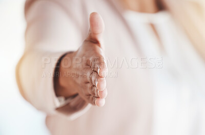 Buy stock photo Person, handshake and welcome for hiring, recruitment or introduction and greeting in business partnership. Hand gesture, emoji or shaking hands for b2b, trust or collaboration in agreement thanks