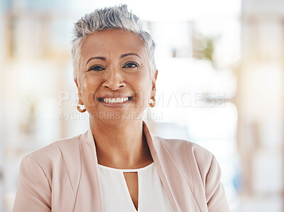 Buy stock photo Business, portrait smile and woman in office of corporate company, management and success in Colombia. Happy executive, mature female and face of leadership, professional trust and motivation of ceo