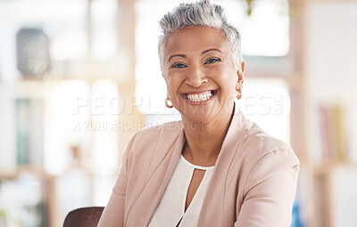 Buy stock photo Leadership, portrait and senior woman in her office with confidence, happiness and management. Leader, success and professional elderly female manager from Puerto Rico sitting in the modern workplace