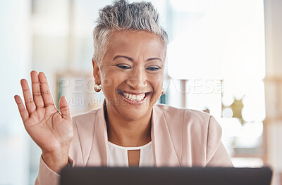 Buy stock photo Video call, webinar and senior business woman waving greeting internet, website or web conference from her office. Elderly, corporate and professional or executive employee using laptop for meeting