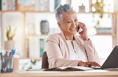 Buy stock photo Happy accountant woman, phone call or laptop for financial networking, company growth or trading in office. Finance, smile or advisor on smartphone for stock market, invest budget or tax planning
