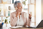 Senior woman, phone call and coffee by laptop in communication, conversation or discussion at office desk. Elderly female on smartphone smiling with cup talking about business idea plan or networking
