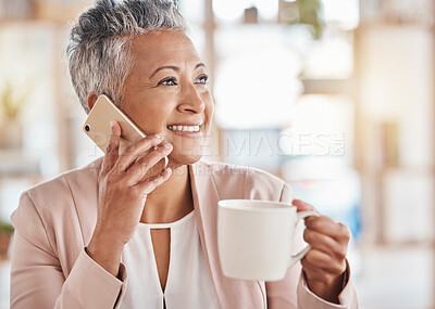 Buy stock photo Senior woman, phone call and coffee with smile for communication, conversation or discussion at the office. Elderly female on smartphone smiling with cup talking about business idea or networking
