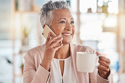 Buy stock photo Senior woman, phone call and coffee in communication, conversation or discussion with smile at the office. Elderly female on smartphone smiling with cup talking about business idea or networking