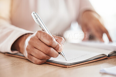 Buy stock photo Hands, accountant or woman writing in notebook for financial strategy, tax or audit review for company growth in office. Finance, zoom or advisor for stock market, invest budget or mortgage planning