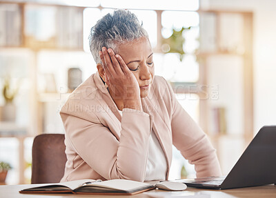 Buy stock photo Stress, accountant or burnout woman on laptop for financial crisis, mental health or invest depression in office. Finance, tired or sad advisor for stock market, business budget or mortgage planning