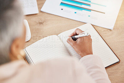 Buy stock photo Senior woman writing notes, data and ideas for marketing campaign, copywriter with info for motivation. Inspiration, idea and thinking with article notes, copywriting with graph and notebook
