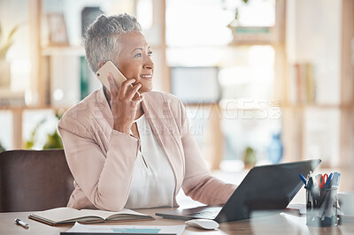 Buy stock photo Phone call, happy accountant black woman or laptop for financial networking, company growth or trading in office. Finance or advisor on smartphone for stock market, invest budget or tax planning 