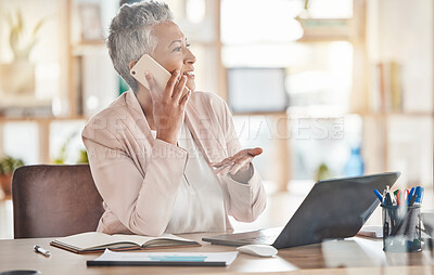 Buy stock photo Phone call, business and woman at desk in office, corporate company and management. Mature female executive talking on mobile for communication, networking and consulting conversation with technology