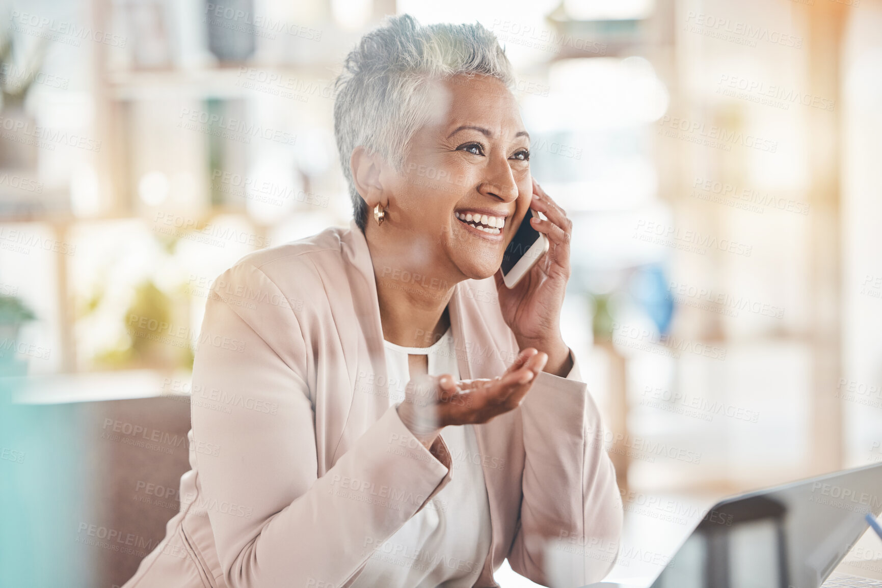 Buy stock photo Happy, phone call and senior business woman in office for communication, contact and good news. Technology, corporate and funny with employee listening to conversation for smile, connection and ceo