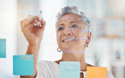 Buy stock photo Senior business woman, writing and schedule planning for corporate strategy, ideas or tasks at office. Elderly female CEO in project management, brainstorming or sticky note plan for company goals