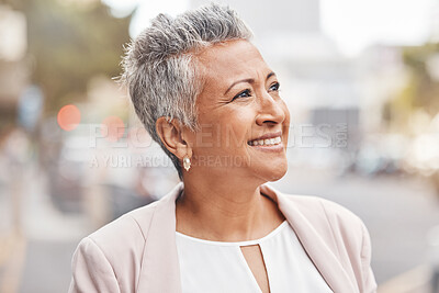 Buy stock photo Senior woman, city and employee thinking with blurred background with a finance plan idea. Urban, investment vision and mature financial worker outdoor happy about investing and retirement ideas