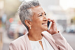 Senior woman, phone call and smile in the city for communication, conversation or discussion. Happy elderly female smiling on smartphone for 5G connection, talking or networking in an urban town