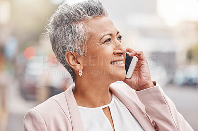 Buy stock photo Senior woman, phone call and smile in the city for communication, conversation or discussion. Happy elderly female smiling on smartphone for 5G connection, talking or networking in an urban town