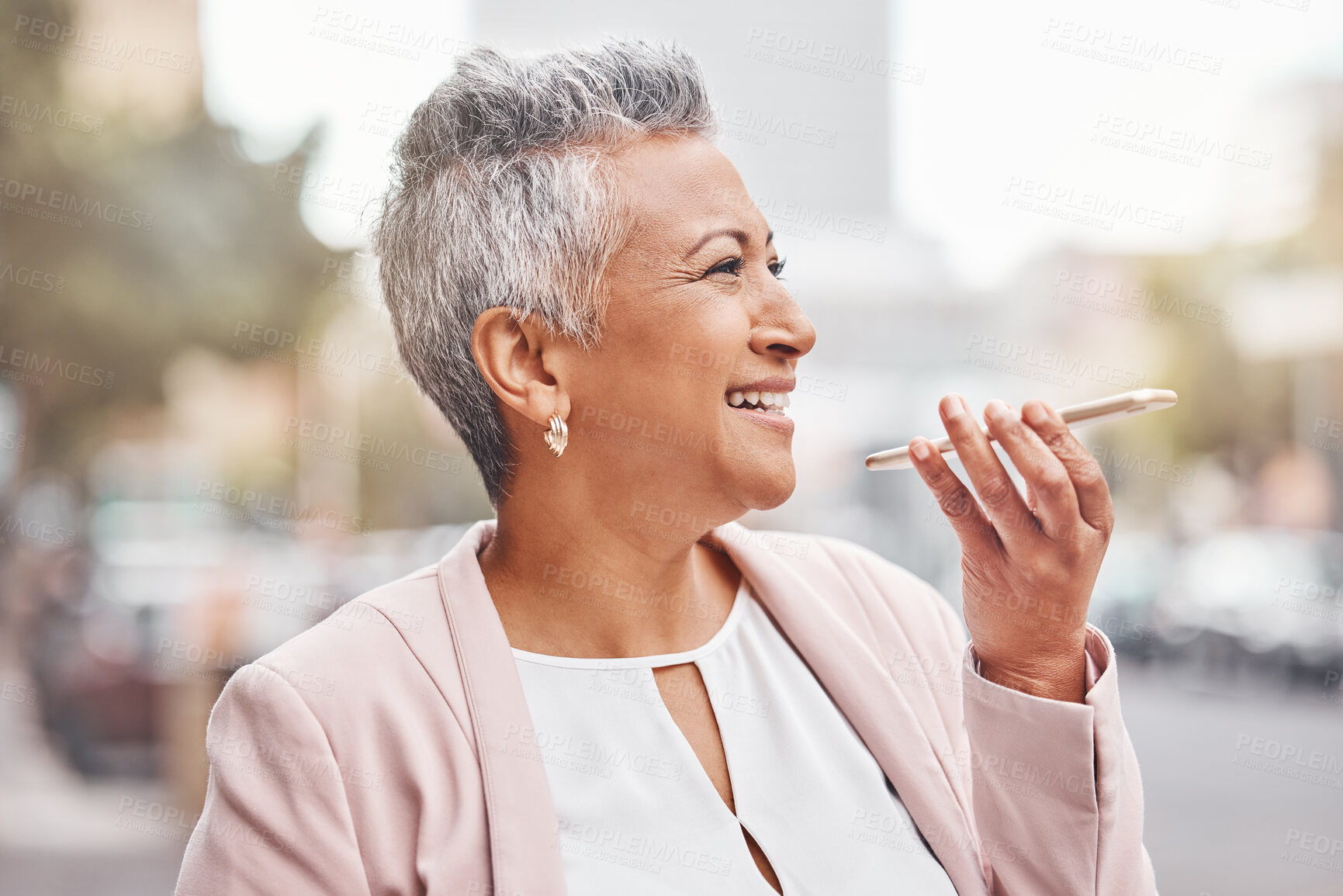 Buy stock photo Senior woman, phone and voice note in the city for communication, conversation or discussion. Happy elderly female smiling and talking on smartphone for 5G connection or networking in an urban town