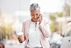 Senior woman, phone call and coffee in the city for communication, conversation or discussion. Happy elderly female smiling on smartphone for 5G connection, talking or networking in a urban town road