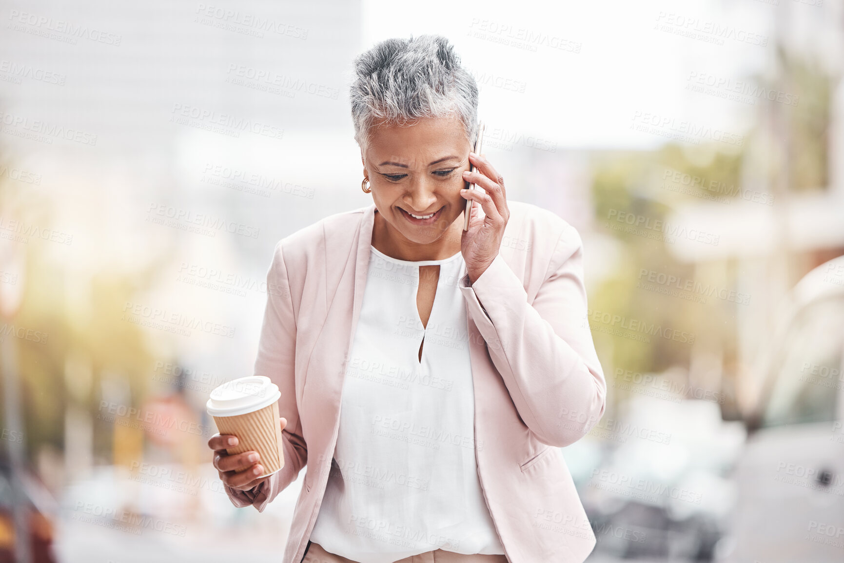 Buy stock photo Senior woman, phone call and coffee in the city for communication, conversation or discussion. Happy elderly female smiling on smartphone for 5G connection, talking and walking in a urban town road