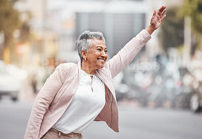 Buy stock photo City, business woman and taxi gesture in street, traveling or morning commute to work. Female executive, hands and cab for lift, transportation or happiness in urban road with smile, wave and traffic