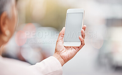 Buy stock photo Businesswoman, hands and mockup phone in city for data management, gps app and review analytics news. Worker, smartphone mock up space and urban tech for networking, mobile research and media website