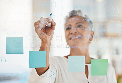 Buy stock photo Senior business woman, writing and planning schedule for corporate strategy, ideas or tasks at office. Elderly female CEO in project management, brainstorming or sticky note plan for company goals
