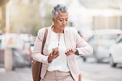 Buy stock photo Woman in city, walking and checking time on wrist on morning commute to work or appointment. Street, schedule and businesswoman looking at watch on urban sidewalk before job interview or meeting.