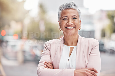 Buy stock photo Portrait, city business and woman with arms crossed in Colombia, town and travel commute. Happy manager, mature female and smile in urban street for executive leadership, professional trust and goals