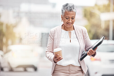 Buy stock photo Corporate senior woman, city and walk with coffee, folder and excited for financial service career. Accountant, happiness and smile by blurred background in metro, street or motivation for accounting