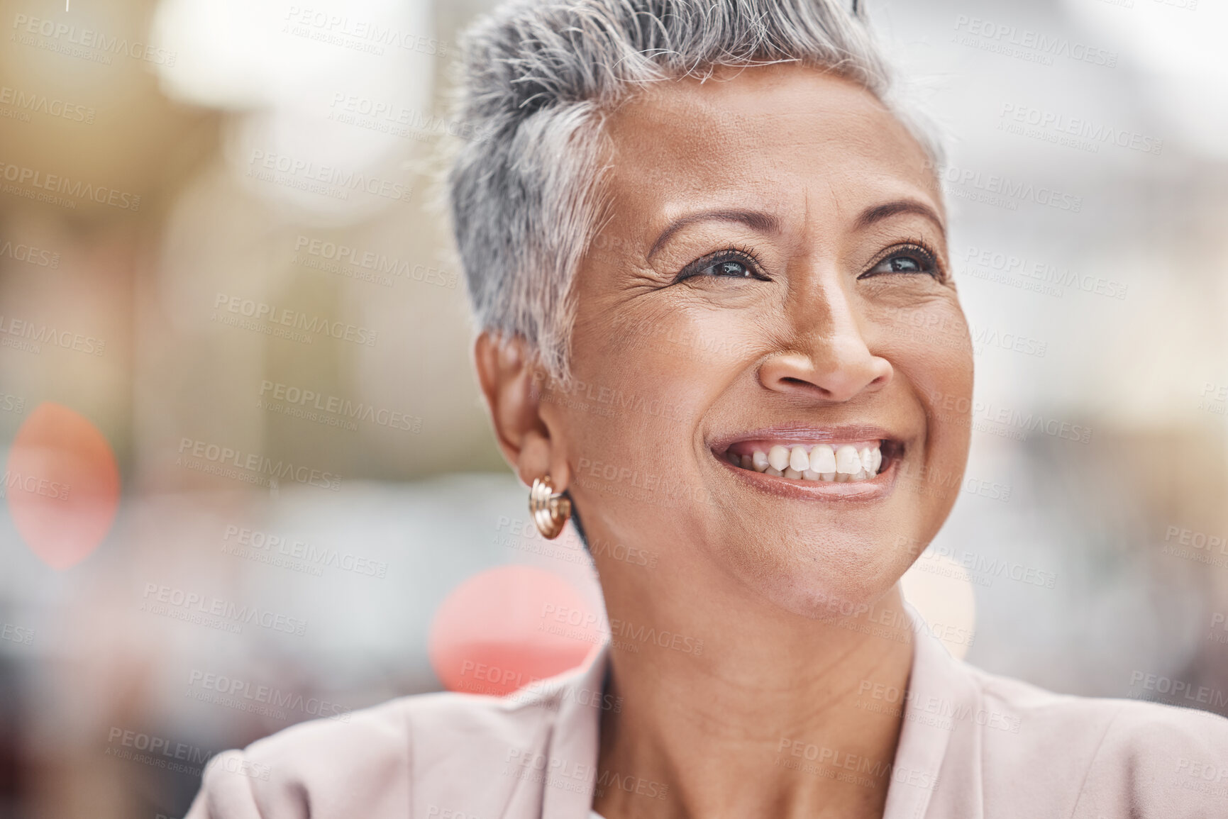 Buy stock photo Senior woman smile, city and business person with blurred background thinking of finance work. Urban, investment vision and mature female face outdoor happy about investing and retirement ideas