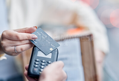 Buy stock photo POS credit card, delivery hands and payment tap, woman or retail sales people with cardboard product box. Logistic supply chain, financial fintech and shopping customer with courier package container