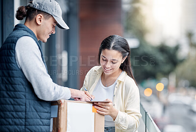 Buy stock photo Delivery man, courier box or customer signature for retail sales product, shopping stock or cardboard shipping container. Logistic supply chain, mail distribution service or person with package cargo