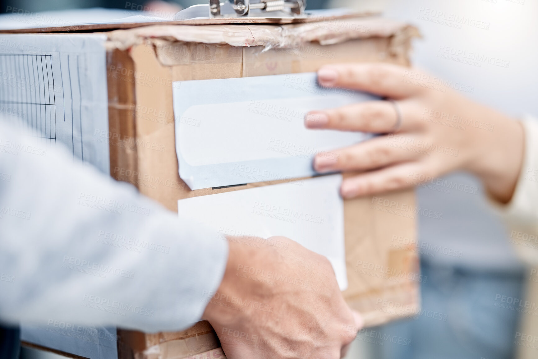 Buy stock photo Customer hands, courier cardboard box and delivery man giving retail sales product, shopping or shipping container. Logistics supply chain, mail distribution service and person exchange package cargo