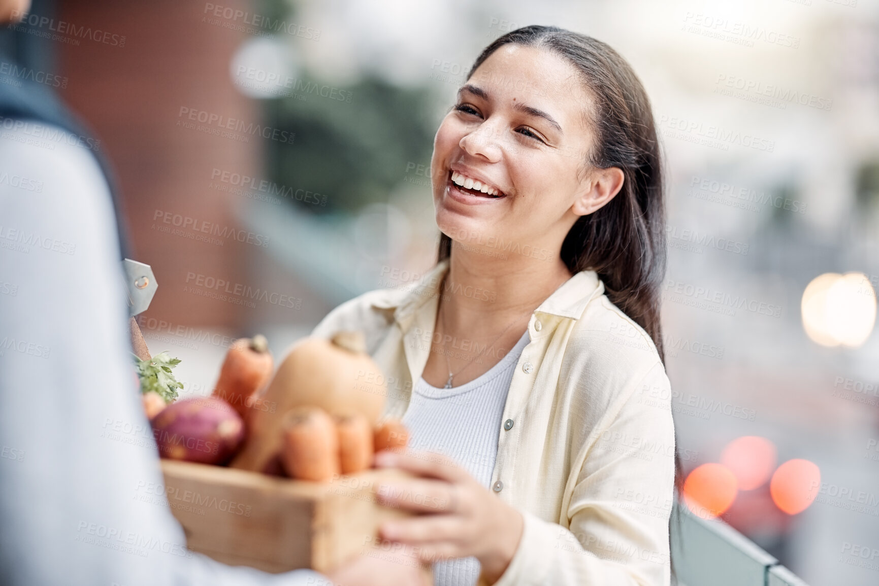 Buy stock photo Grocery delivery man, courier shipping or happy customer exchange retail sales product, food shopping or vegetables container. Logistics supply chain, nutritionist or distribution person with package