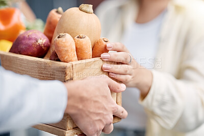 Buy stock photo Grocery customer, courier delivery man or hands exchange retail sales product, food shopping or vegetables container. Logistics supply chain, nutritionist or distribution person with shipping package