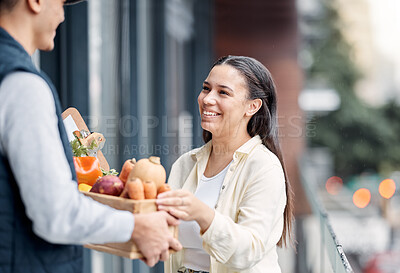 Buy stock photo Grocery customer, courier shipping or delivery man exchange retail sales product, food shopping or vegetables container. Logistics supply chain, happy nutritionist or distribution person with package