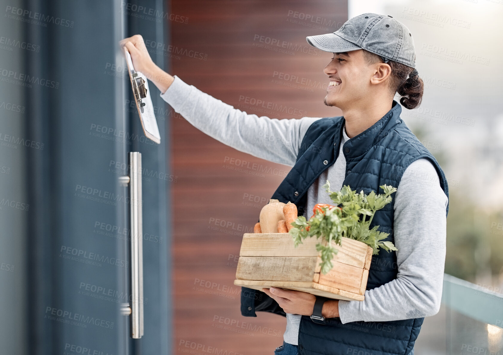 Buy stock photo Grocery courier, door and delivery man knocking with retail sales product, food shopping or market shipping container. Logistics supply chain, health nutritionist and distribution person with package