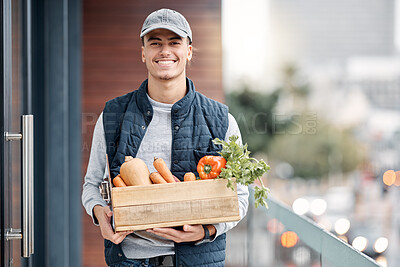 Buy stock photo Happy grocery delivery, courier and man with retail sales product, food shopping or door shipping container. Logistics supply chain, health nutritionist portrait and distribution person with package